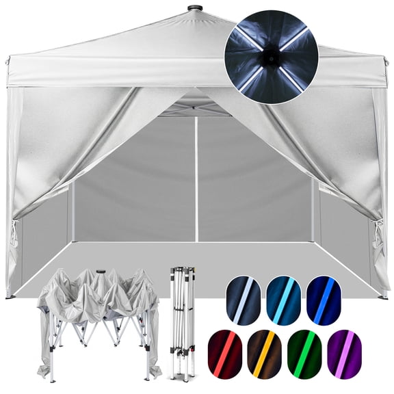 Ktaxon 10x10 Ez Pop Up Canopy Tent Built-in LED Light Strips,Outdoor Sun Shade Shelter w/ Lights,Outdoor Gazebo,4 Sidewall,1 Bag,UPF50+,Straight Leg - White