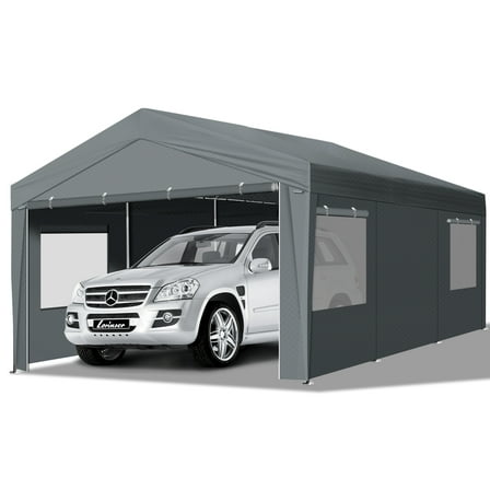 Ktaxon 10x20Ft Carport, Large Heavy Duty Car Tent with Galvanized Steel Frame, Portable Storage Boat Shed Canopy Garage with Sidewalls & Doors, Gray