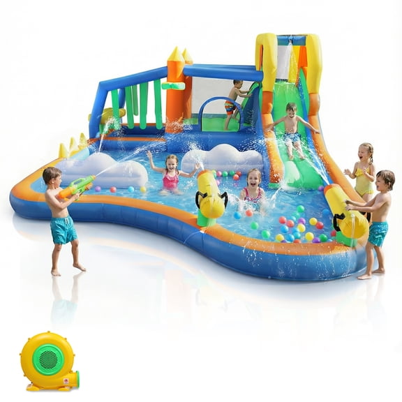 Ktaxon 11-in-1 Inflatable Bounce House with Water Slide, Kiosk Theme Water Park for Kids Backyard, 750W Blower Included