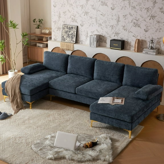 Ktaxon 110" U-Shaped Sectional Sofa, 4-Seat Chenille Couch with Double Wide Chaise, Oversized Lounge Sofa for Living Room, Gray-Blue