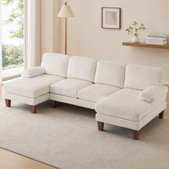 Ktaxon 111" U-Shaped Sectional Sofa, Corduroy 4-Seater Couch with Double Chaise, Beige