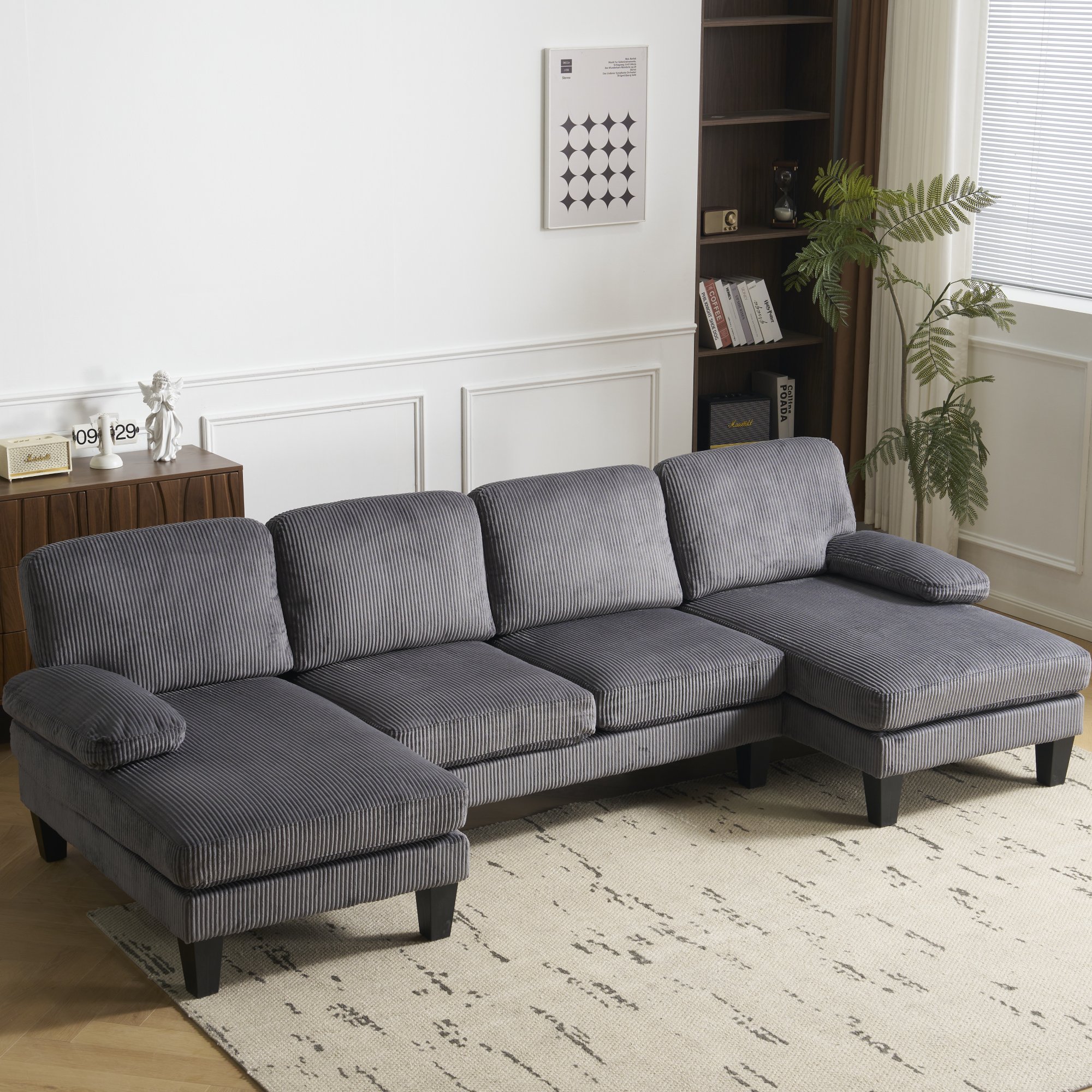 Ktaxon 111" U-Shaped Sectional Sofa, Corduroy 4-Seater Couch with Double Chaise, Gray