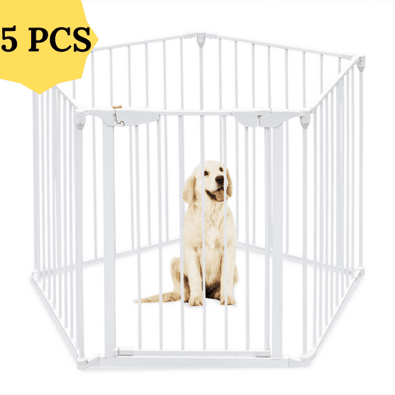 Foldable Entryway Metal Dog Gate 29"H Large Size, 5PCS Multifunctional Indoor Fence, Pet Exercise Enclosure, White