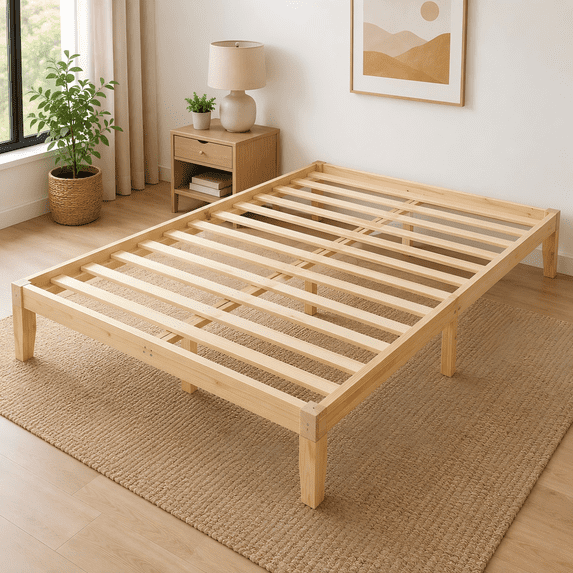 Ktaxon 12" Deluxe Wood Platform Bed Frame, Queen Bed Frame, Mattress Foundation, Natural Wood Finish, Queen