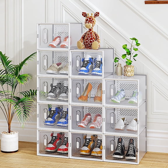 Ktaxon 12 PCS Shoe Boxes Clear Plastic Stackable Storage Box Closet Organizer,Per 14.2'' x 11'' x 8.3'', White