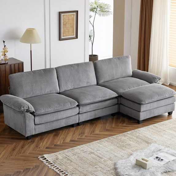 Ktaxon 120" W Sectional Convertible Sofa L Shaped Modular Couch with Chaise Corduroy Sleeper Set with 3 Oversized Seats Gray