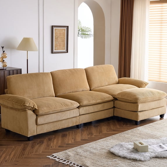 Ktaxon 120" W Sectional Convertible Sofa L Shaped Modular Couch with Chaise Corduroy Sleeper Set with 3 Oversized Seats Khaki