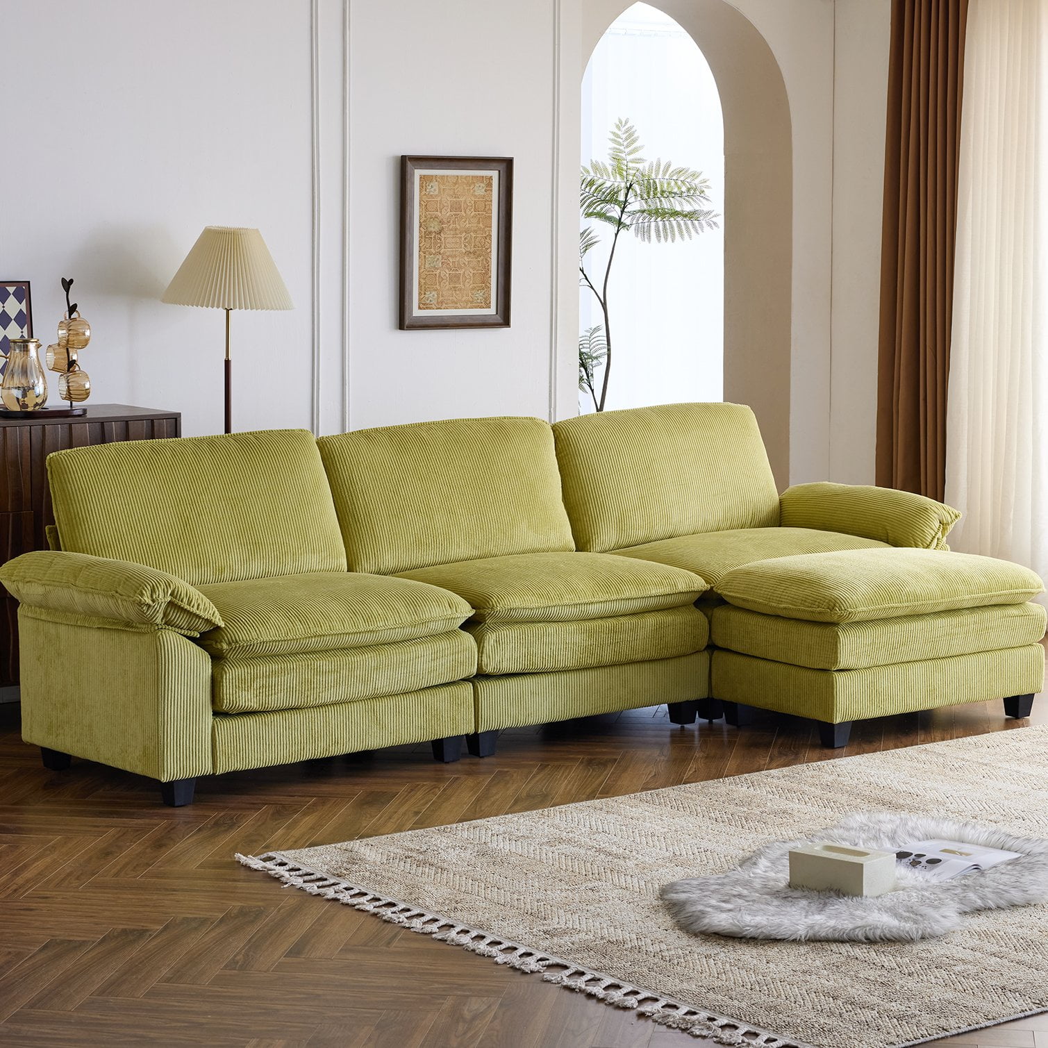 Ktaxon 120" W Sectional Convertible Sofa L Shaped Modular Couch with Chaise Corduroy Sleeper Set with 3 Oversized Seats Olive Green