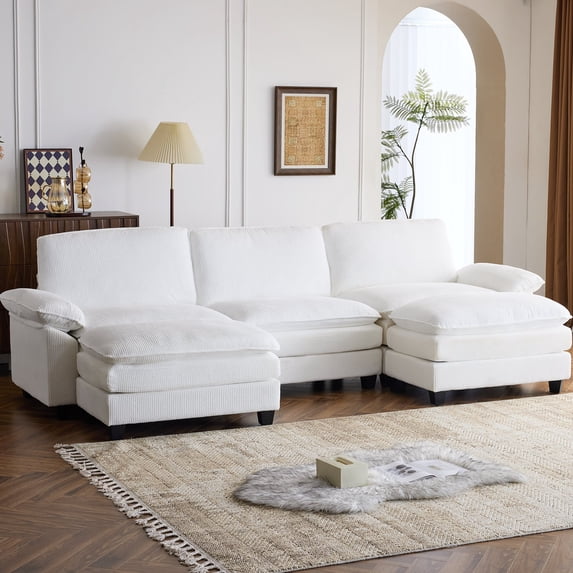 Ktaxon 120" W Sectional Convertible Sofa U Shaped Modular Couch with Double Chaise Corduroy Sleeper Set with 3 Oversized Seats White