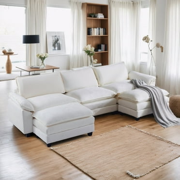 Ktaxon 120" W Sectional Sofa U Shaped Couch with Double Chaise Chenille Sleeper Set with 3 Oversized Seats Beige