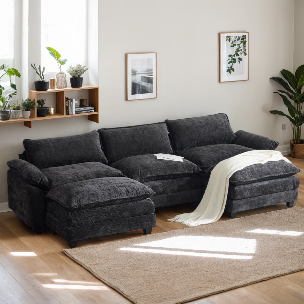 Ktaxon 120" W Sectional Sofa U Shaped Couch with Double Chaise Chenille Sleeper Set with 3 Oversized Seats Black - Walmart.com