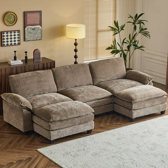 Ktaxon 120" W Sectional Sofa U Shaped Couch with Double Chaise Chenille Sleeper Set with 3 Oversized Seats Light Brown