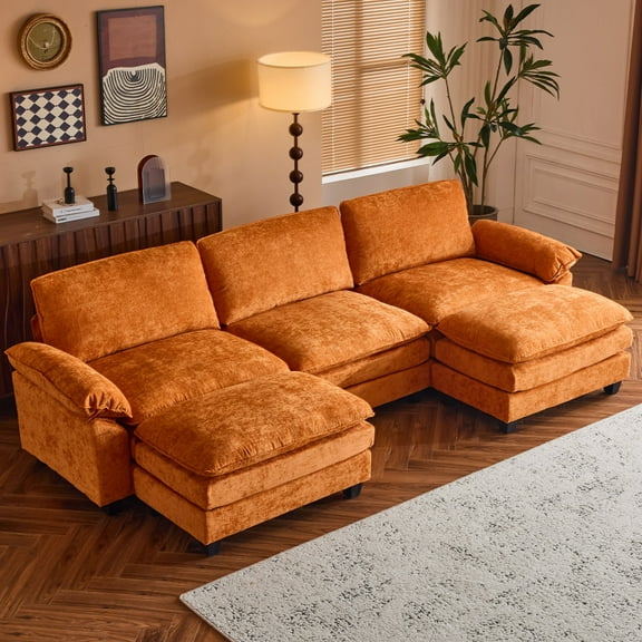 Ktaxon 120" W Sectional Sofa U Shaped Couch with Double Chaise Chenille Sleeper Set with 3 Oversized Seats Orange