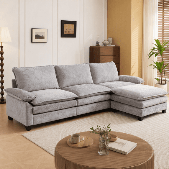 Ktaxon 122" W L Shaped Cloud Sectional Sofa, Chenille Upholstered Couch with Chaise and Movable Ottoman, 3-Seater, Light Gray