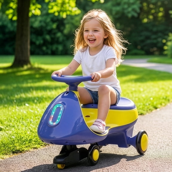 Ktaxon 12V Electric Wiggle Car for Kids, Electric Ride On Car for Aged 3+, 2 Speeds, Flashing Wheels, Bluetooth, LED Lights- Blue Yellow