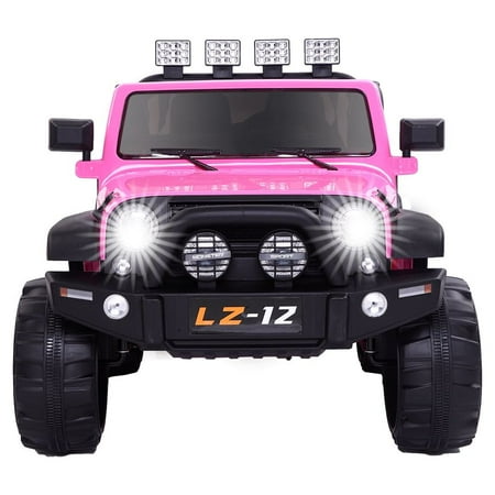 Ktaxon 12V Kids Ride-On Truck Car with Remote Control, 3 Speeds, LED Lights, AUX/ USB / TF Cards - Pink