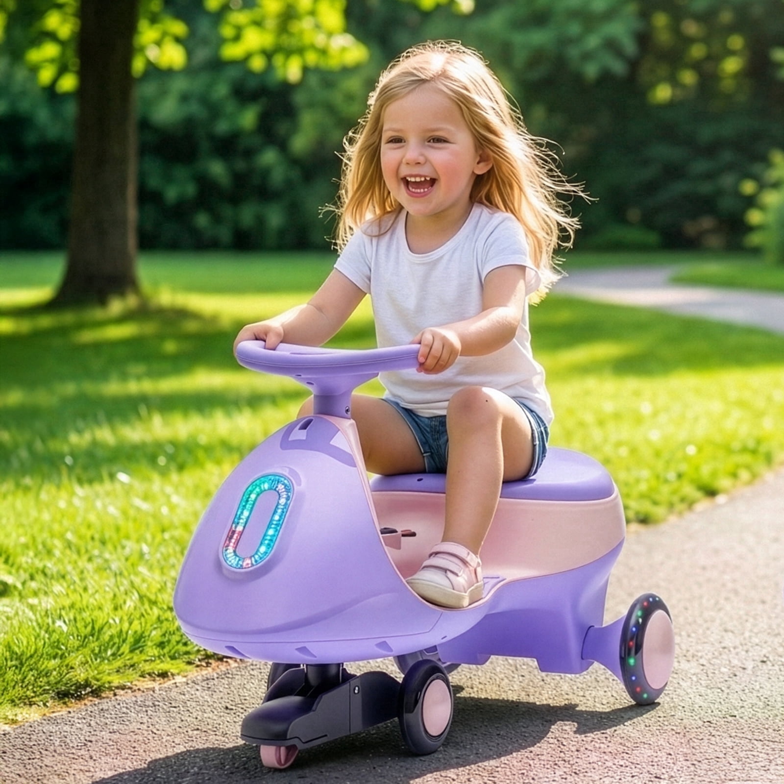 Ktaxon 12V Electric Wiggle Car for Kids, Electric Ride On Car for Aged 3+, 2 Speeds, Flashing Wheels, Bluetooth, LED Lights- Purple