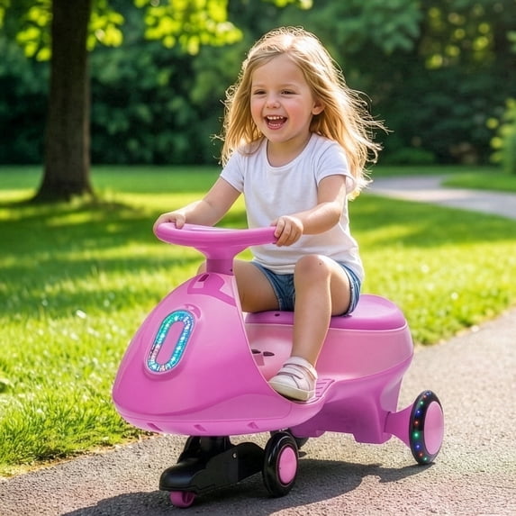 Ktaxon 12V Electric Wiggle Car for Kids, Electric Ride On Car for Aged 3+, 2 Speeds, Flashing Wheels, Bluetooth, LED Lights- Pink