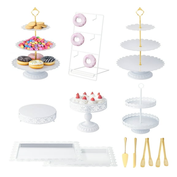 Ktaxon 12pcs White Cake Stand Set with Serving Tongs Cutter and Spatula, Dessert Table Display Set, Metal Cupcake Tower Stand, Decorative Dessert Fruit Candy Display Plate for Wedding, Birthday