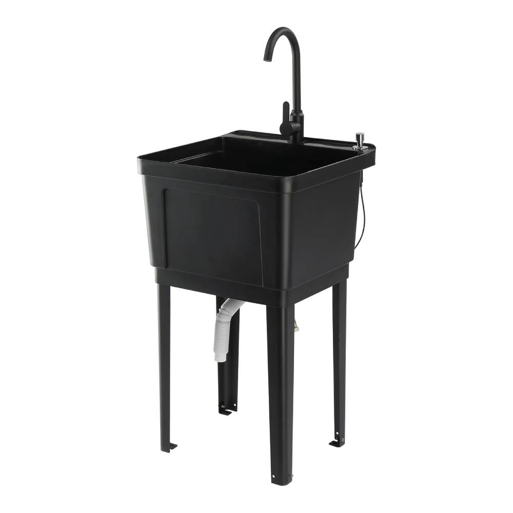 Ktaxon 13 Gallon Plastic Utility Sink with Hot/Cold Faucet, 33" Freestanding Laundry Tub with Iron Legs, Soap Dispenser and Pop-up Button for Bathroom, Laundry Room, Garage, Black