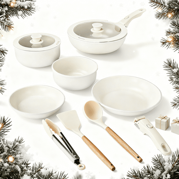 Ktaxon 19pcs Nonstick Cookware Set with Detachable Handle, 5 Pots and Pans Set Aluminum Kitchen Cooking Set, Induction Safe, Cream White