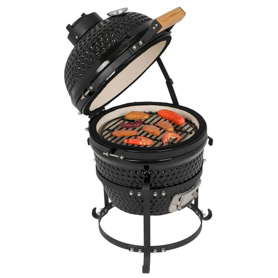 Ktaxon 13in Round Ceramic Charcoal Grill Portable BBQ Grill Smoker for Yard Black