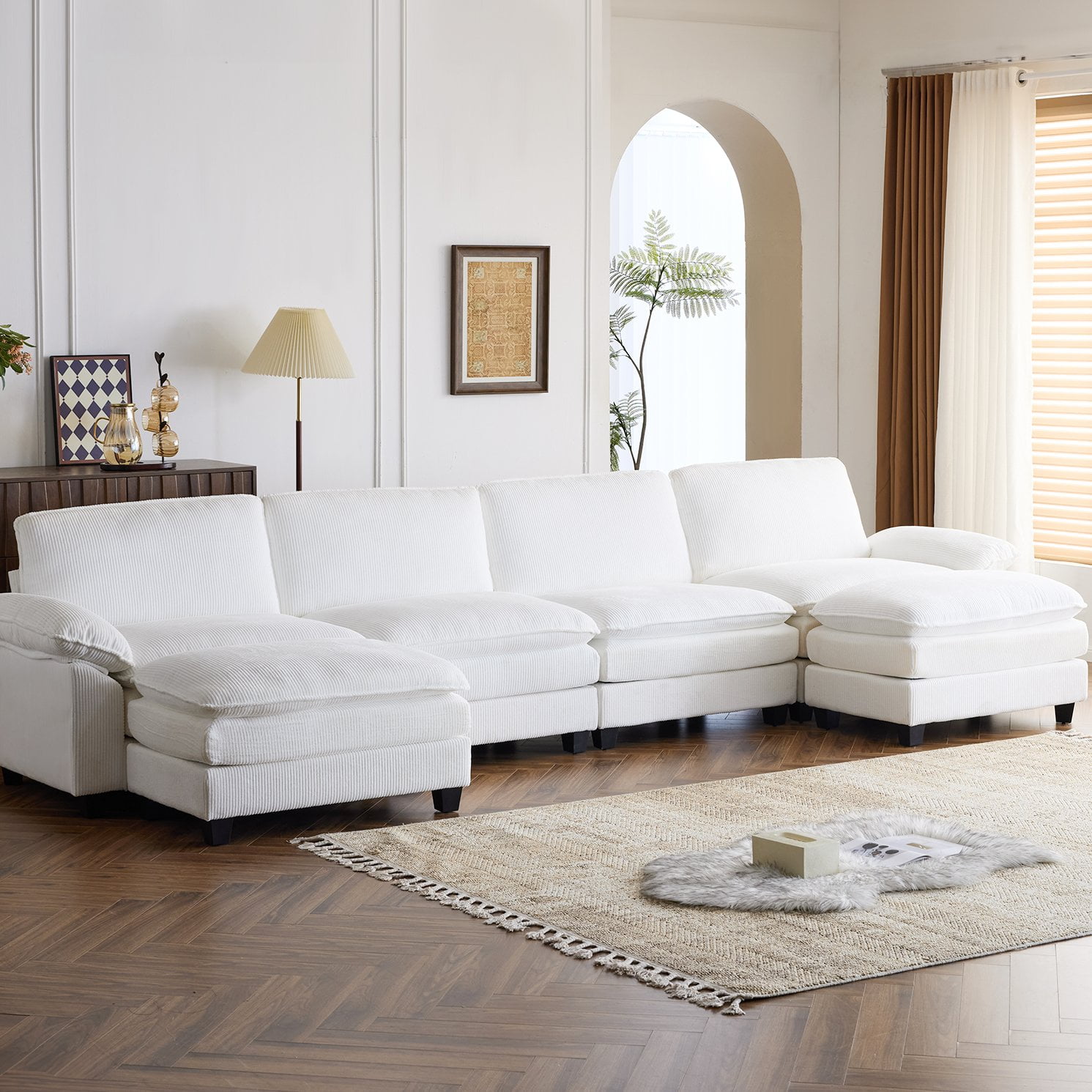 Ktaxon 155" W Sectional Convertible Sofa U Shaped Modular Couch with Double Chaise Corduroy Sleeper Set with 4 Oversized Seats White