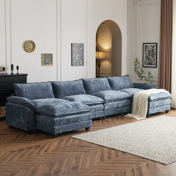 Ktaxon 157" W Sectional Sofa U Shaped Couch with Double Chaise Chenille Sleeper Set with 4 Oversized Seats Gray-Blue