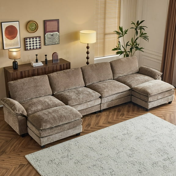 Ktaxon 157" W Sectional Sofa U Shaped Couch with Double Chaise Teddy Velvet Sleeper Set with 4 Oversized Seats Light Brown