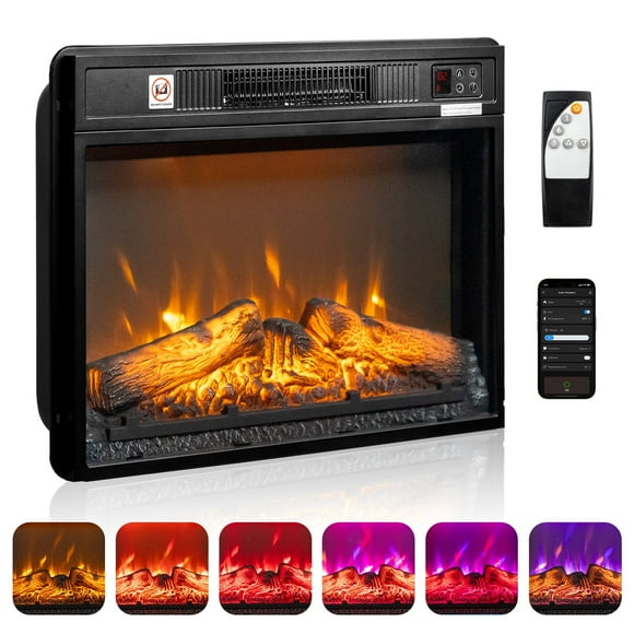 Ktaxon 18" Electric Fireplace Inserts with APP & Remote Control, 1400W Recessed Stove Heater with 8H Timer, 6 Flame Colors, 5 Brightness for Indoor Use
