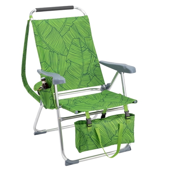 Ktaxon 17in Backpack Beach Chair, 7-Position Protable Beach Chair, Light-Weight Foldable Camping Chair with Back Storage Bag & Shoulder Strap for Beach Poolside (Green Palm Trees)