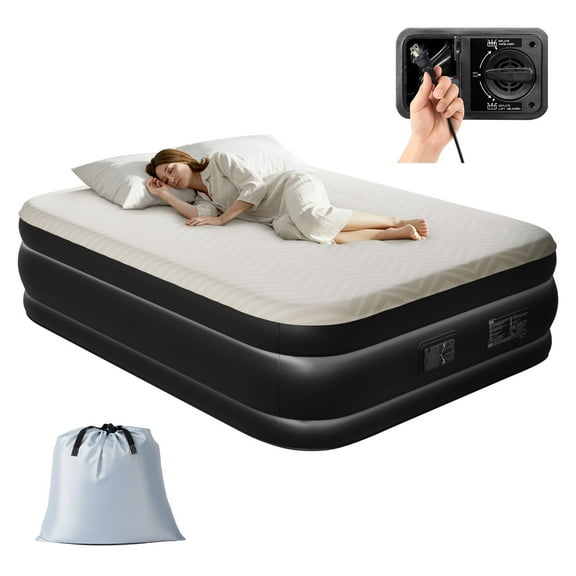 Ktaxon 18" Queen Air Mattress, Foam Flocking Airbed with Built-in Pump,Elevated Inflatable Bed for Home Cmaping & Guests, Beige & Black