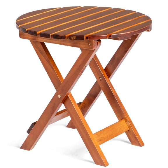 Ktaxon 18" Wooden Folding End Table, Outdoor Round Foldable Side Table, Portable & Lightweight Compact Small Table for Backyard Poolside Camping Picnic, Teak