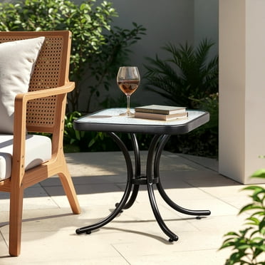 Ktaxon 18in Patio Side Table with Tempered Glass, Outdoor End TableTable with Metal Frame (Square, Black)