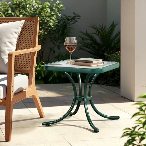Ktaxon 18in Patio Side Table with Tempered Glass, Outdoor End TableTable with Metal Frame (Square, Green)