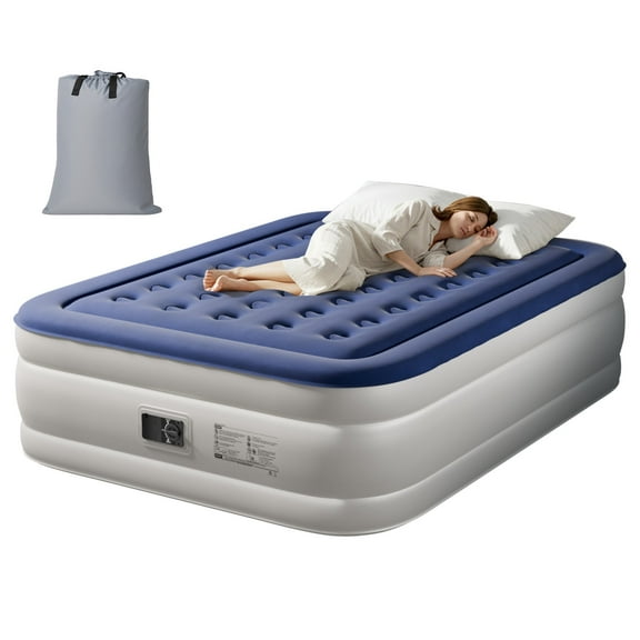 Ktaxon 18in Queen Air Mattress with Built-in Pump, Elevated Inflatable Airbed, Blow up Mattress for Camping Home Guests, Blue & White