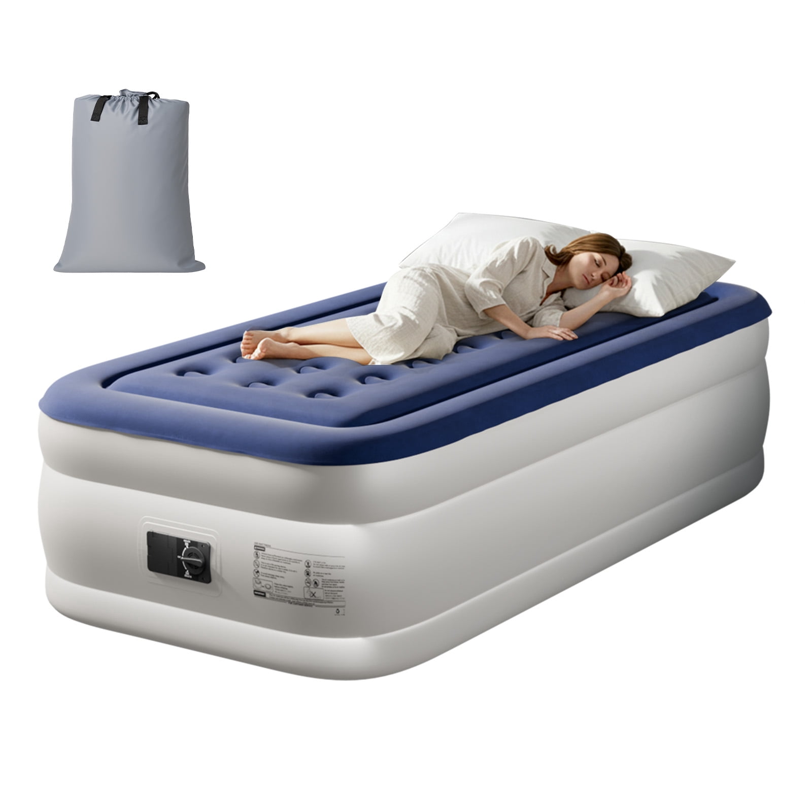 Ktaxon 18in Twin Air Mattress with Built-in Pump, Elevated Inflatable Airbed, Blow up Mattress for Camping Home Guests, Blue & White
