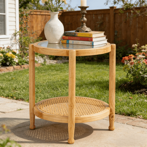 Ktaxon 19.7 in  Side Table Double-Layer, Wood End Table, Round Small Table with Glass, Rubber Wood, PE Rattan
