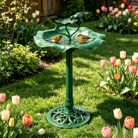 Ktaxon 19.7in Bird Bath with Feed Tray in Garden, Corrugated edge, Dark Green