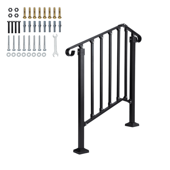Ktaxon 2-3 Step Outdoor Handrail Wrought Iron Adjustable Stair Railing for Porch Deck Concrete Steps Black