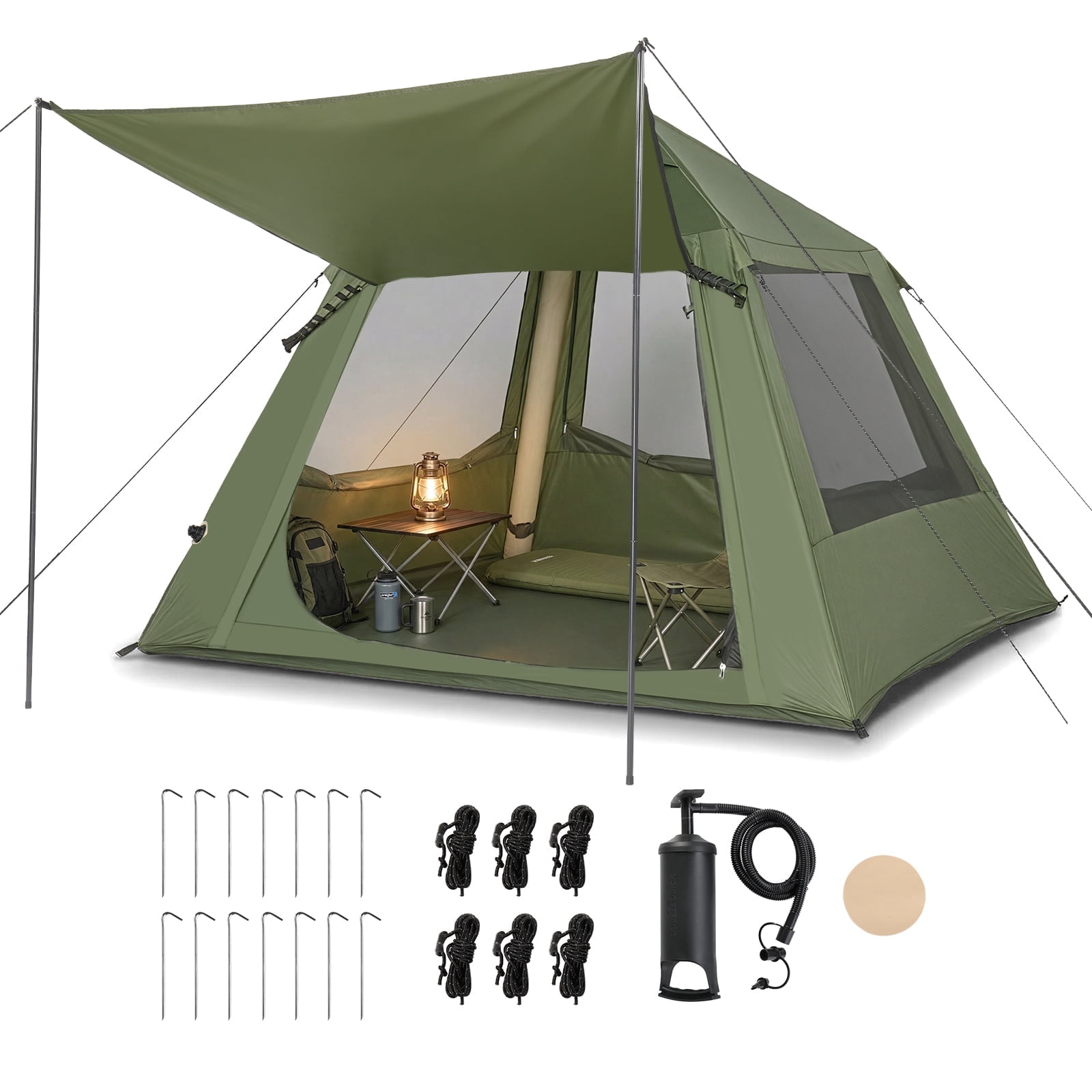 Ktaxon 2-4 People Inflatable Tent with Hand Pump for Camping, Easy Setup Air Glamping Tents with Extra Canopy, Camping Tent for Family, Green