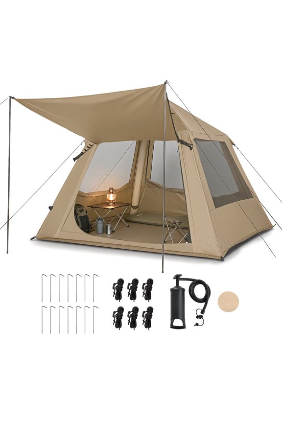 2-4 People Inflatable Tent with Hand Pump for Camping, Easy Setup Air Glamping Tents with Extra Canopy, Camping Tent for Family, Khaki