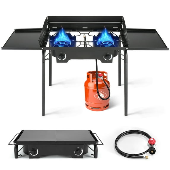Ktaxon 2 Burner 150000 BTU Cooker w/ Side Shelves,Removable Legs,Wind Panels,Regulator Outdoor Camping Picnic Stove Stand