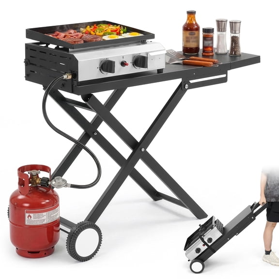 Ktaxon 2 Burner Propane Griddle Flat Top Gas Grill 20000 BTU Portable Grill with Ceramic Coated Cast Iron Pan,Side Shelves,Wheels