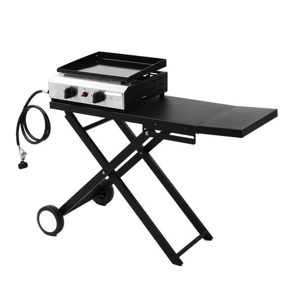 Ktaxon 2 Burner Propane Griddle Flat Top Gas Grill 20000 BTU Portable Grill with Ceramic Coated Cast Iron Pan,Side Shelves,Wheels