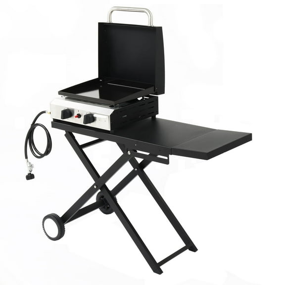 Ktaxon 2 Burner Propane Griddle Flat Top Gas Grill 20000 BTU Portable Grill with Lid,Ceramic Coated Cast Iron Pan,Side Shelves,Wheels