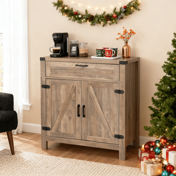 Ktaxon Farmhouse Sideboard, 2 Door Storage Cabinet, Antique Kitchen Pantry with Drawer and Adjustable Shelf, Rustic Gray