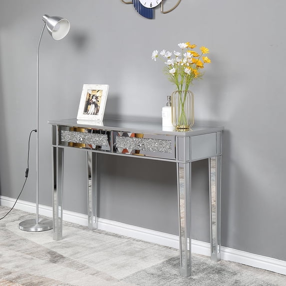 Ktaxon 2-Drawer Mirrored Vanity Makeup Table - Mirrored Console Desk Vanity Furniture Nightstand Glass Bedside Table, Silver