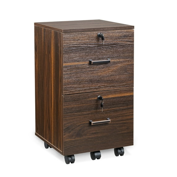 Ktaxon 2-Drawer Rolling Wood File Cabinet with Lock, Portable Vertical Mobile Wooden Storage Filing Cabinet for Home Office,Brown Coffee