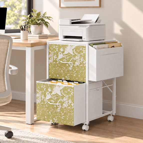 Ktaxon 2-Drawer Rolling File Cabinet with Wheels Side Bag, Fabric Drawers Printer Stand for Home Office, Fits Letter Size, White Green